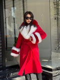 Red Handmade Luxury Women Cashmere Collar Fox Fur Coat | All Colours Available | Long 100 cm Belted Cashmere Coat For Women with Fox Fur