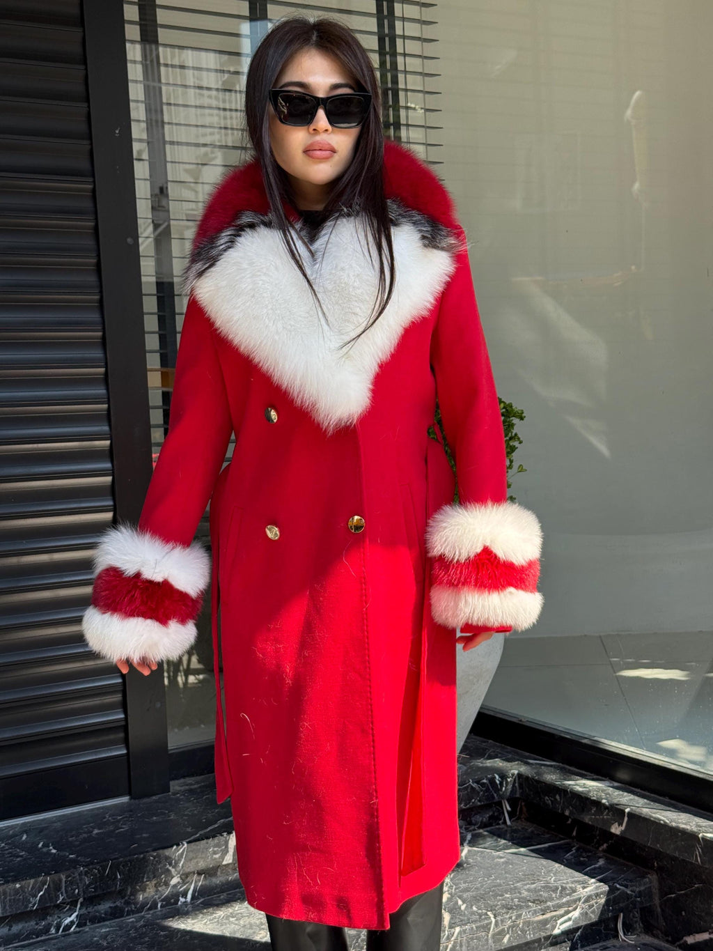 Red Handmade Luxury Women Cashmere Collar Fox Fur Coat | All Colours Available | Long 100 cm Belted Cashmere Coat For Women with Fox Fur