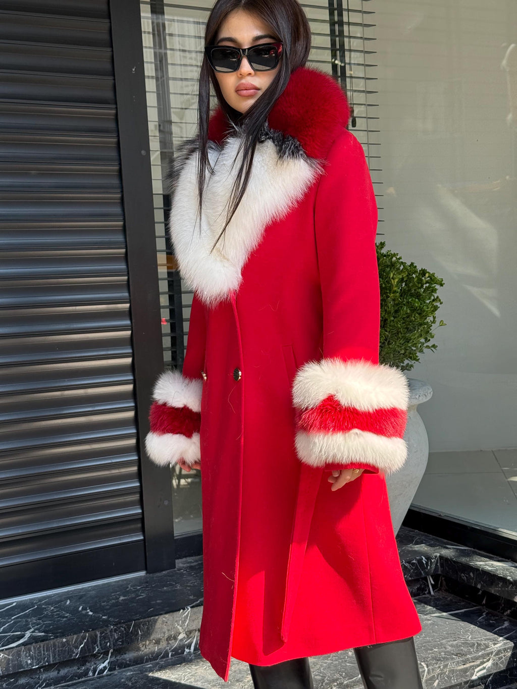 Red Handmade Luxury Women Cashmere Collar Fox Fur Coat | All Colours Available | Long 100 cm Belted Cashmere Coat For Women with Fox Fur