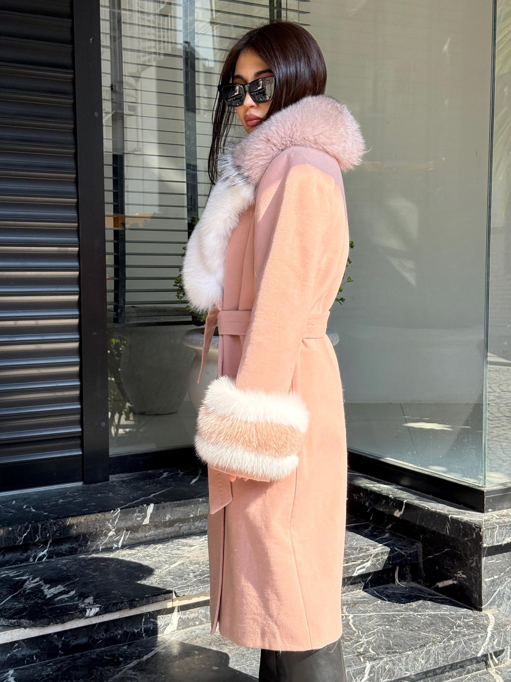 Pink Cashmere Coat With Fox Fur Trim | Luxury Collar cuffs Fox Fur Coat | Handmade Plus Size Long Belted Wool Coat For Women, Fox Fur Coat