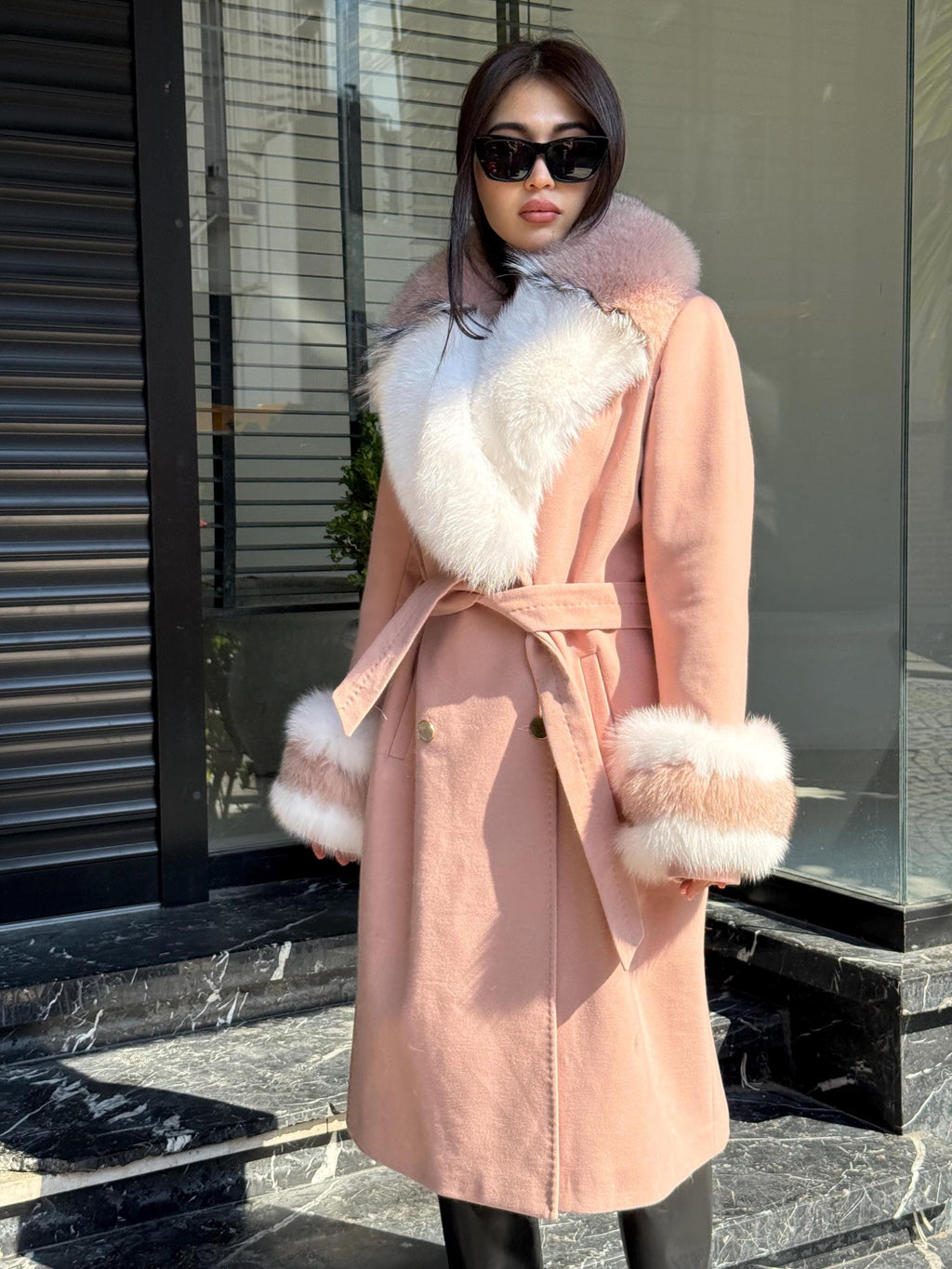Pink Cashmere Coat With Fox Fur Trim | Luxury Collar cuffs Fox Fur Coat | Handmade Plus Size Long Belted Wool Coat For Women, Fox Fur Coat