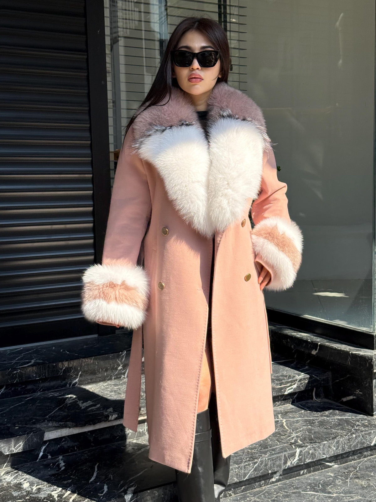 Pink Cashmere Coat With Fox Fur Trim | Luxury Collar cuffs Fox Fur Coat | Handmade Plus Size Long Belted Wool Coat For Women, Fox Fur Coat