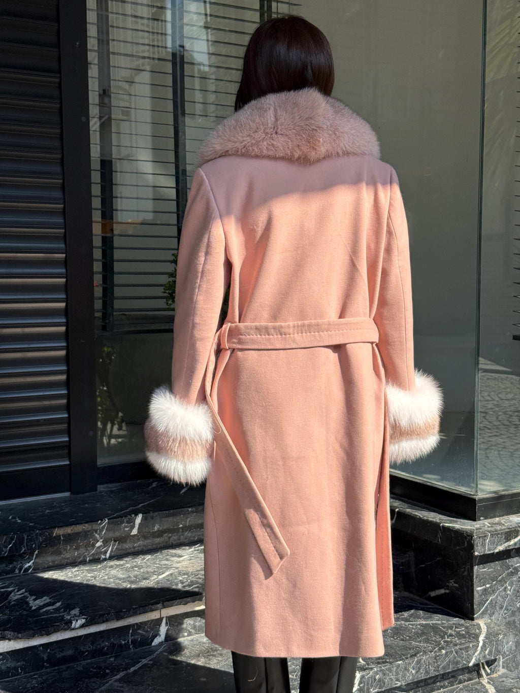 Pink Cashmere Coat With Fox Fur Trim | Luxury Collar cuffs Fox Fur Coat | Handmade Plus Size Long Belted Wool Coat For Women, Fox Fur Coat