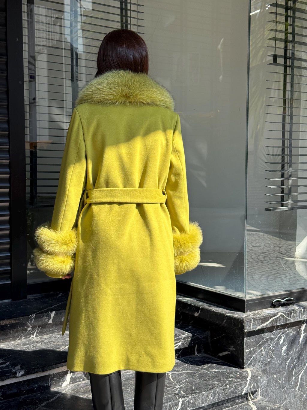 Lime Green Cashmere Coat With Fox Fur Trim | Collar Cuffs Fox Fur Coat | Handmade Plus Size Long Belted Wool Coat For Women, Fox Fur Coat