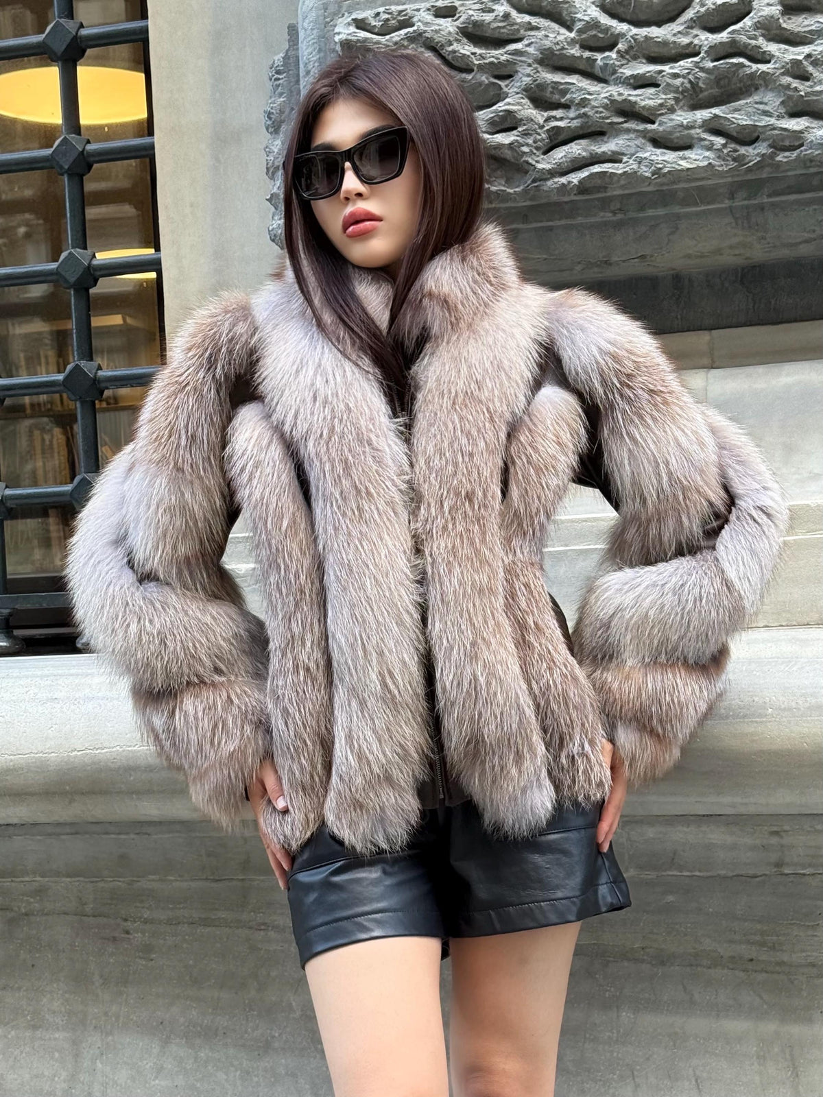 Women’s Beige Fox Fur Jacket. Short Slim-Fit Fox Fur Coat