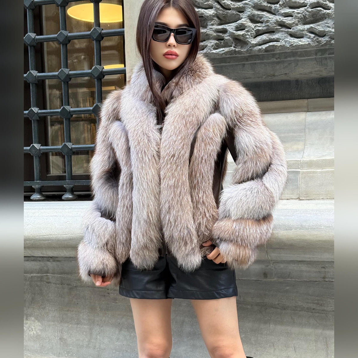 Women’s Beige Fox Fur Jacket. Short Slim-Fit Fox Fur Coat