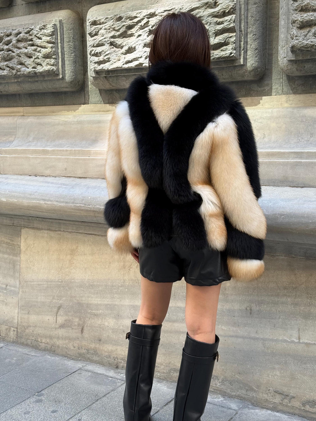 Black - Beige Fox Fur Jacket, Women’s Handmade Short Fur Coat