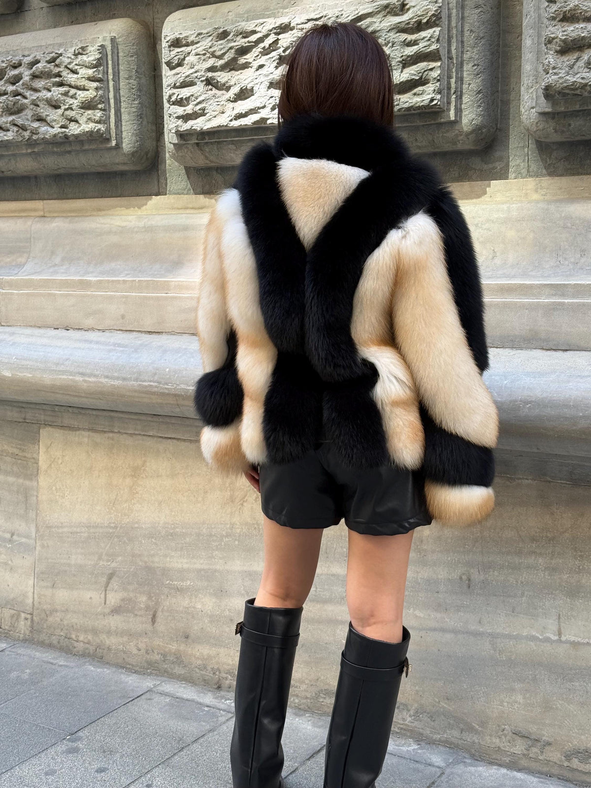 Black - Beige Fox Fur Jacket, Women’s Handmade Short Fur Coat