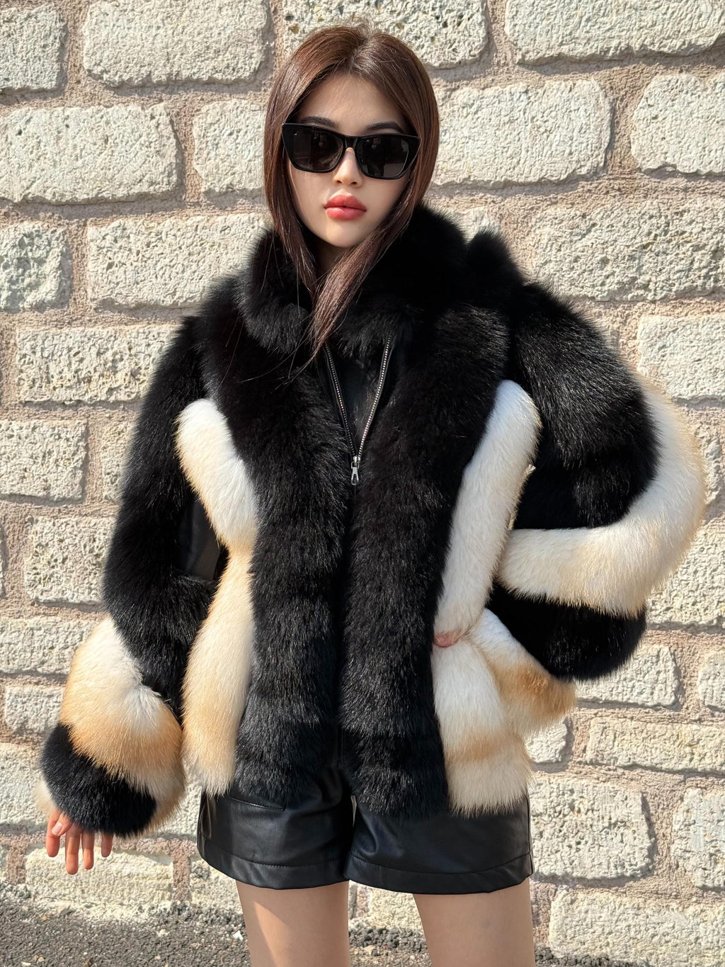 Black - Beige Fox Fur Jacket, Women’s Handmade Short Fur Coat