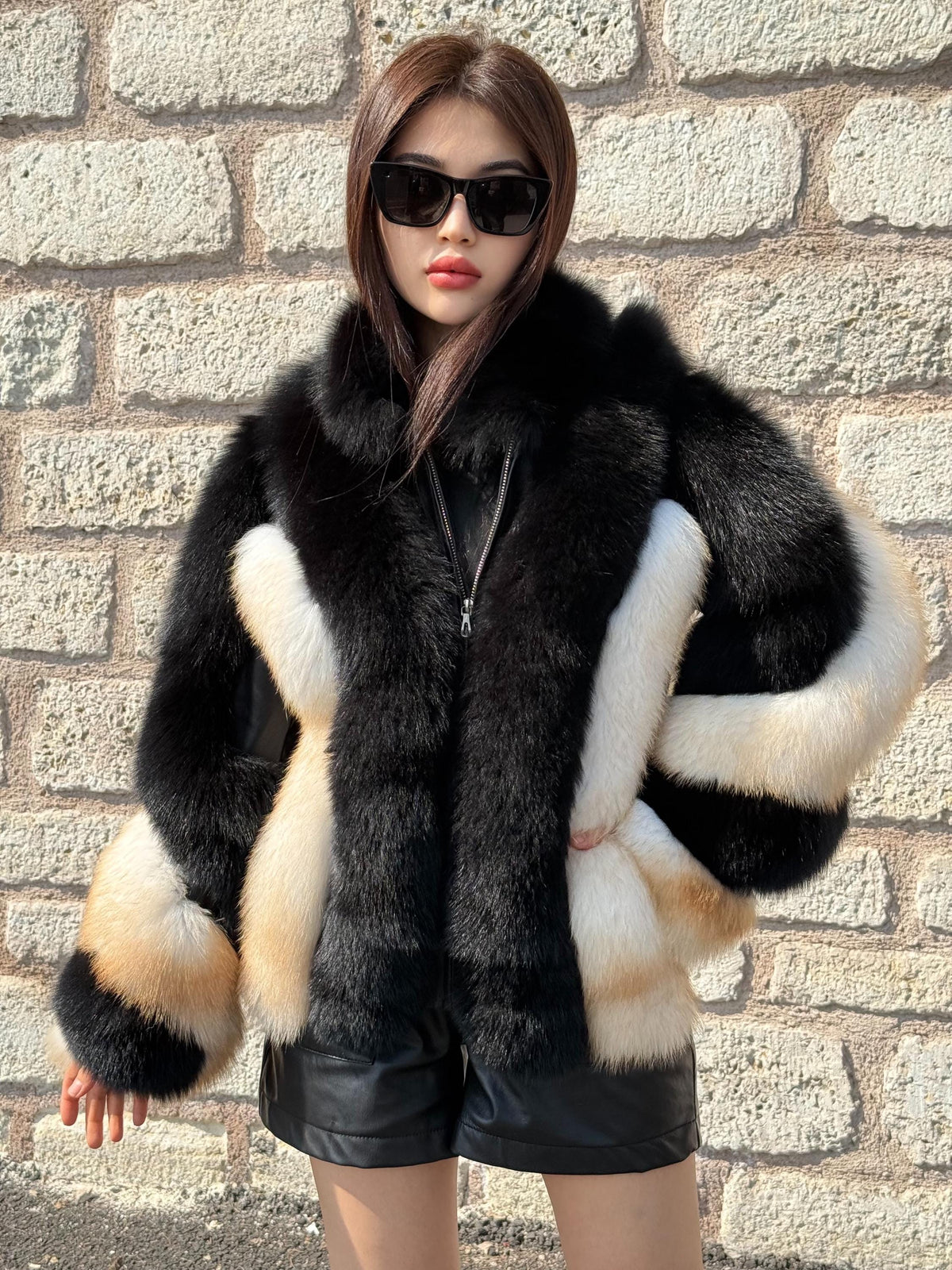 Black - Beige Fox Fur Jacket, Women’s Handmade Short Fur Coat