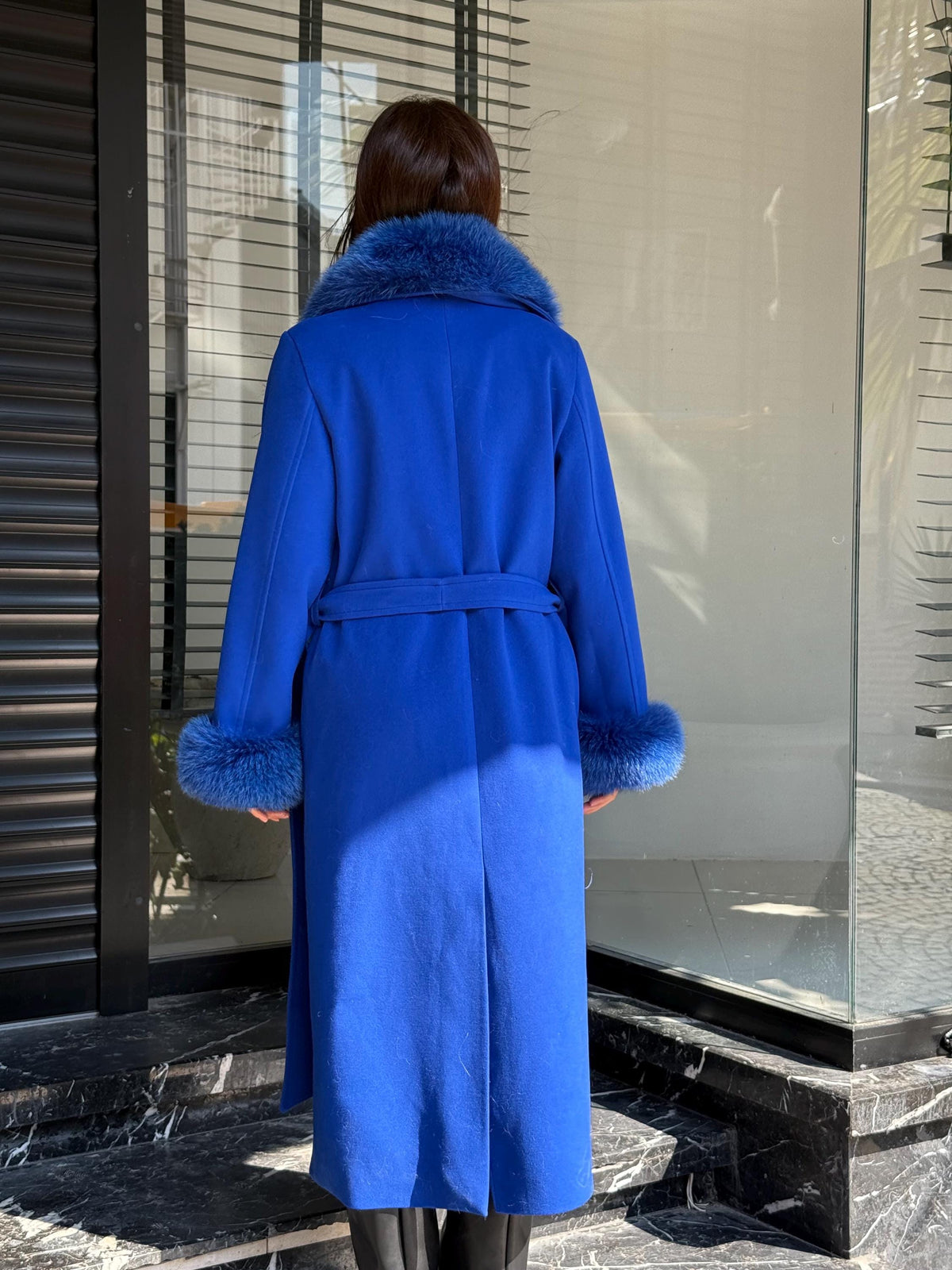 Sax Blue Luxury Cashmere Coat With Fox Fur Trim | Collar Cuffs Fox Fur Coat | Handmade Long Belted Wool Coat For Women, Fox Fur Coat