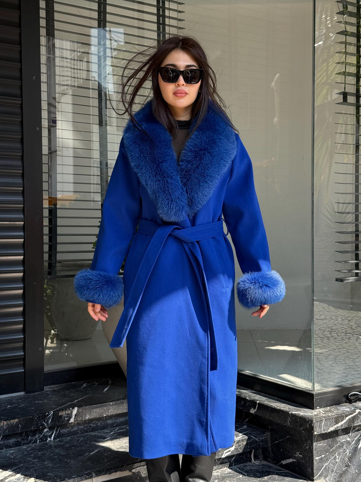 Sax Blue Luxury Cashmere Coat With Fox Fur Trim | Collar Cuffs Fox Fur Coat | Handmade Long Belted Wool Coat For Women, Fox Fur Coat