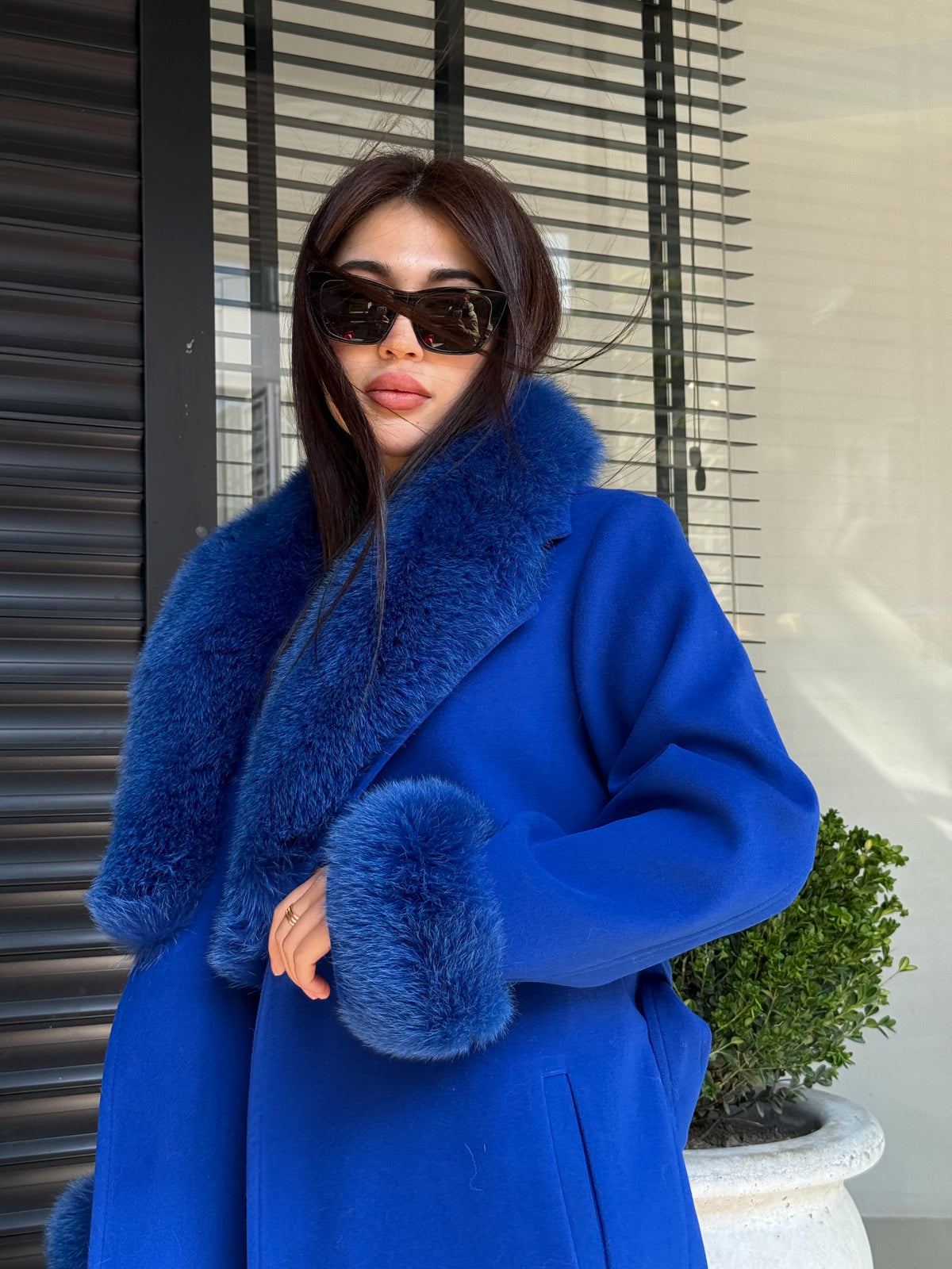 Sax Blue Luxury Cashmere Coat With Fox Fur Trim | Collar Cuffs Fox Fur Coat | Handmade Long Belted Wool Coat For Women, Fox Fur Coat