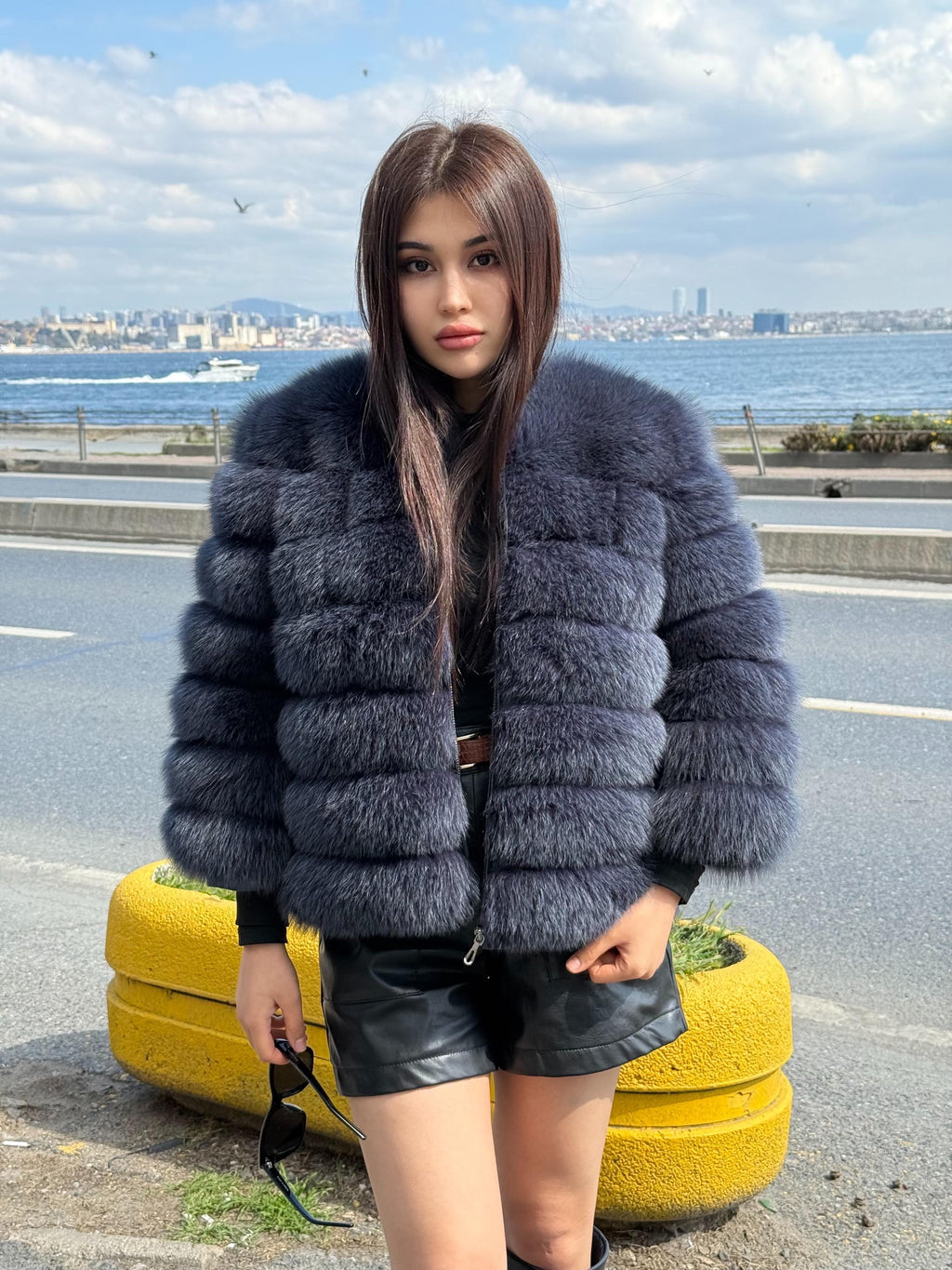 Women Handmade Fox Fur Jacket | Fox Fur Jacket With Removable Sleeves | Anthracite Gray Fox Fur Jacket |Gift For Her | Luxury Fox Fur Jacket