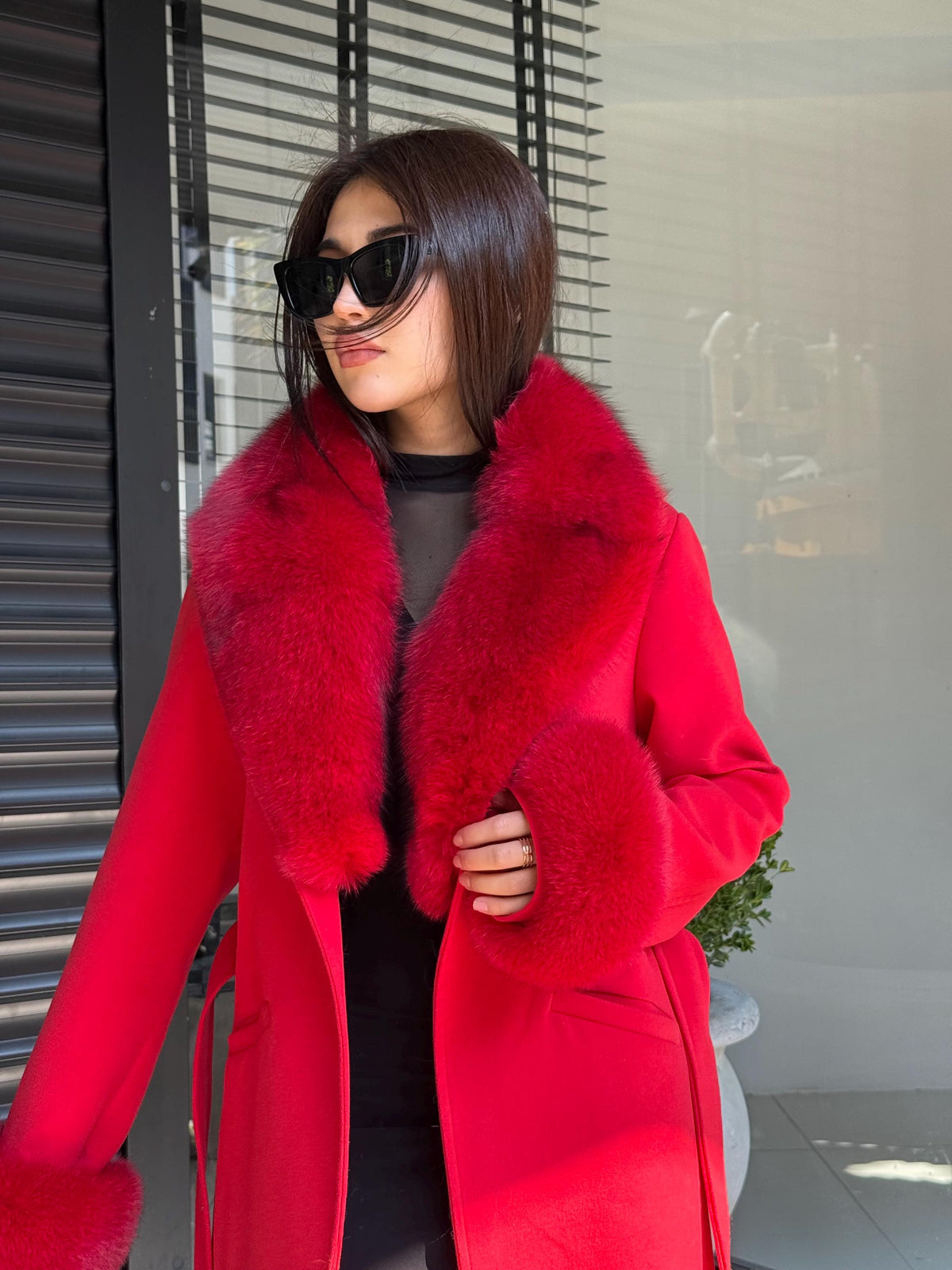 Red Cashmere Coat With Fox Fur Trim | Collar cuffs Fox Fur Coat | Handmade Plus Size Long Belted Wool Coat For Women, Luxury Fox Fur Coat
