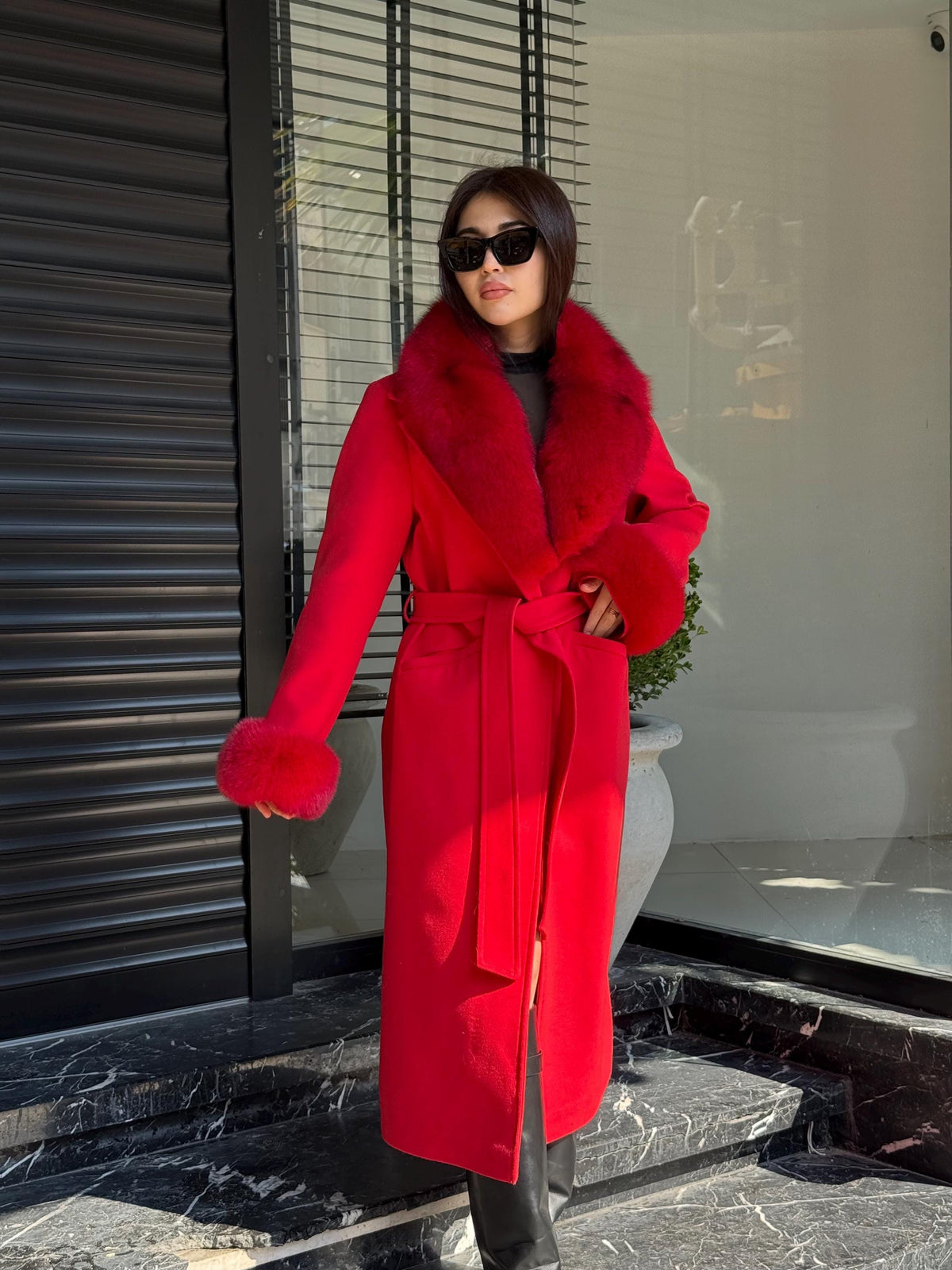Red Cashmere Coat With Fox Fur Trim | Collar cuffs Fox Fur Coat | Handmade Plus Size Long Belted Wool Coat For Women, Luxury Fox Fur Coat