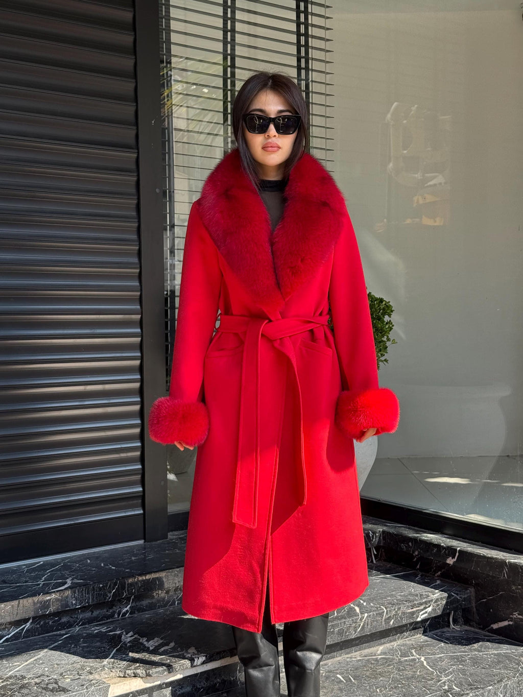 Red Cashmere Coat With Fox Fur Trim | Collar cuffs Fox Fur Coat | Handmade Plus Size Long Belted Wool Coat For Women, Luxury Fox Fur Coat