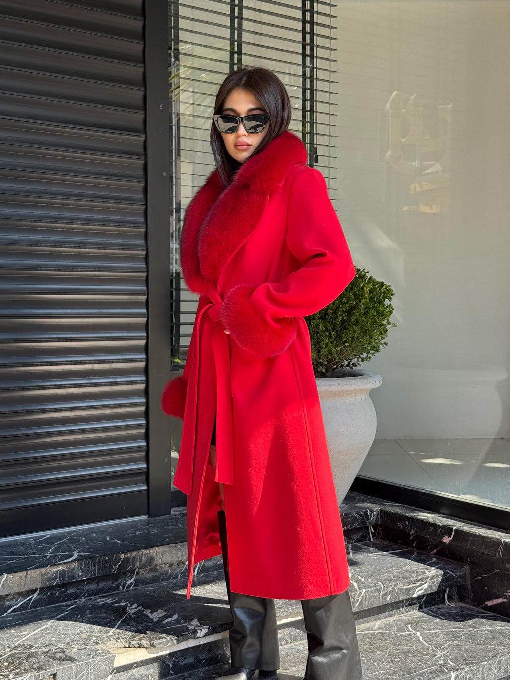 Red Cashmere Coat With Fox Fur Trim | Collar cuffs Fox Fur Coat | Handmade Plus Size Long Belted Wool Coat For Women, Luxury Fox Fur Coat