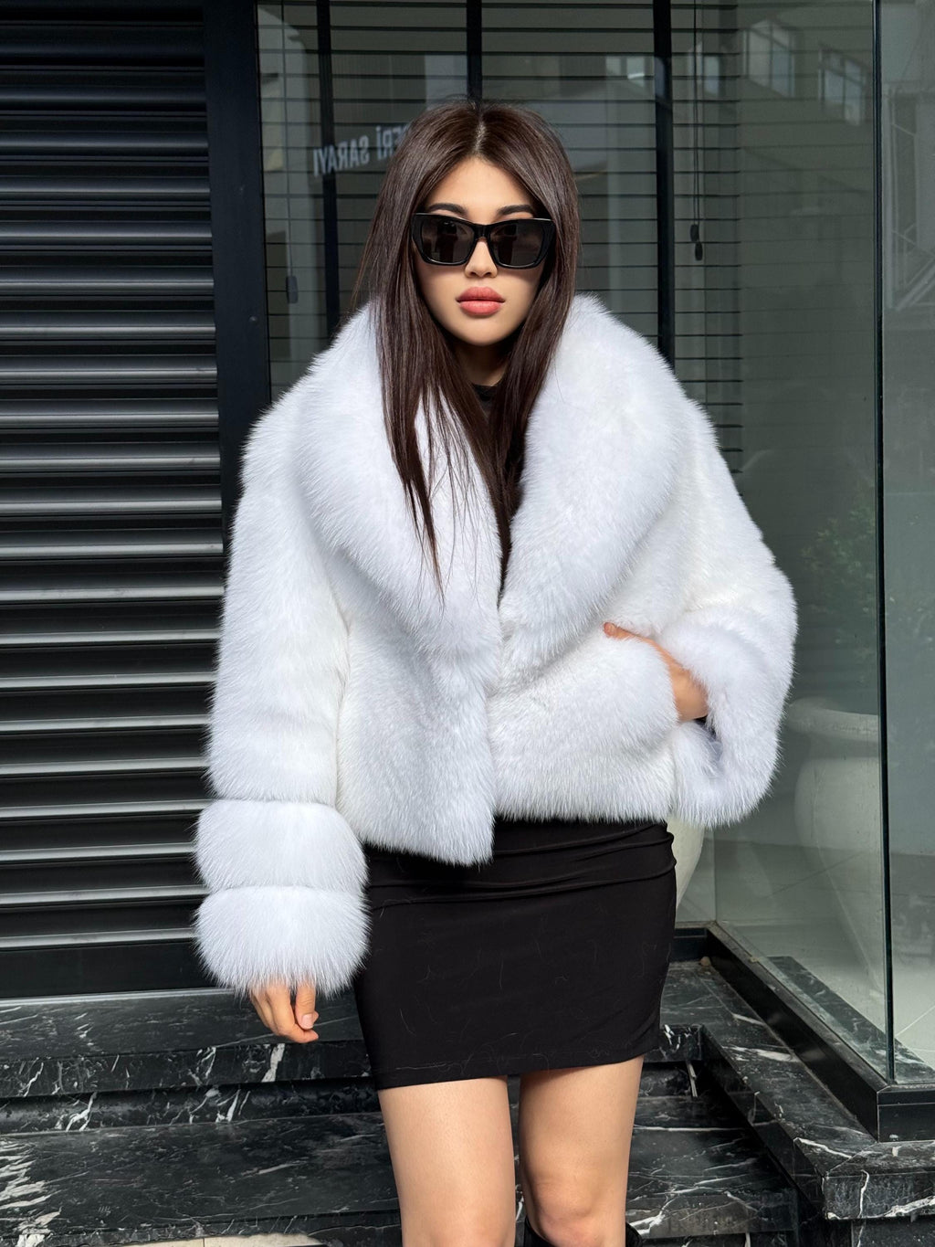 White Arctic Fox Fur Jacket, Women’s Luxury Short Shadow Fur Coat
