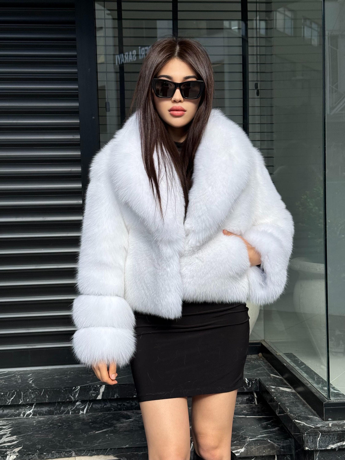 White Arctic Fox Fur Jacket, Women’s Luxury Short Shadow Fur Coat