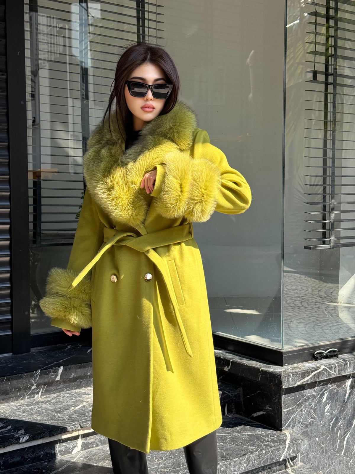 Lime Green Cashmere Coat With Fox Fur Trim | Collar Cuffs Fox Fur Coat | Handmade Plus Size Long Belted Wool Coat For Women, Fox Fur Coat