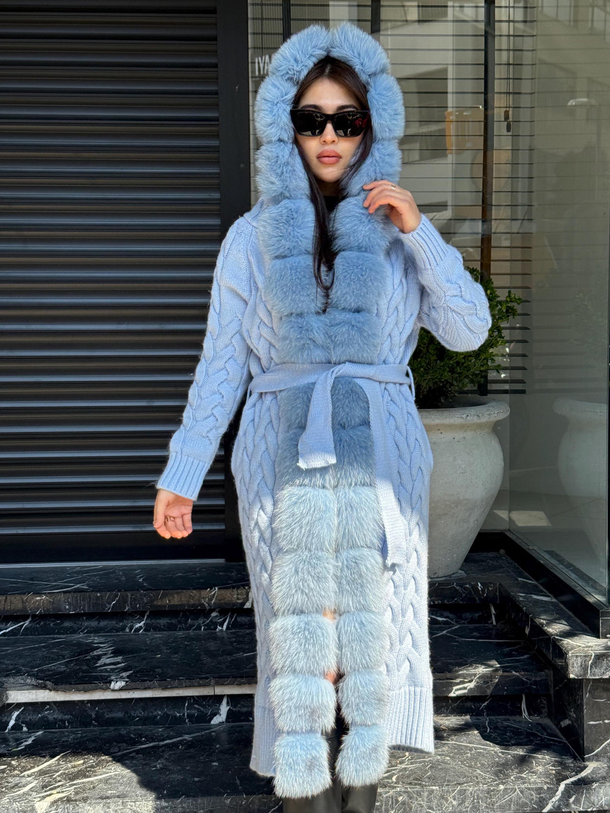 Sky Blue Handmade Women Luxury Knit Cardigan with Real Fox Fur Trim Coat –Handcrafted Long Knitwear Coat – Elegant Outerwear for Women