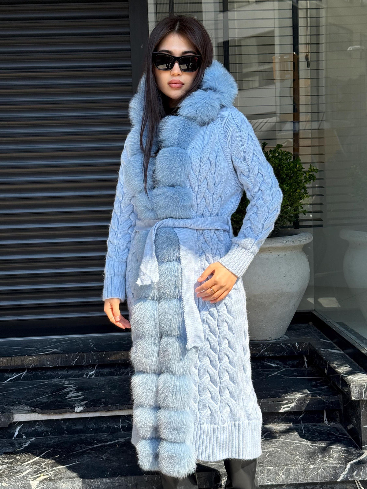 Sky Blue Handmade Women Luxury Knit Cardigan with Real Fox Fur Trim Coat –Handcrafted Long Knitwear Coat – Elegant Outerwear for Women