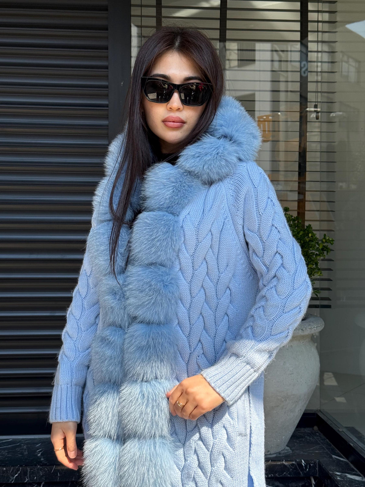 Sky Blue Handmade Women Luxury Knit Cardigan with Real Fox Fur Trim Coat –Handcrafted Long Knitwear Coat – Elegant Outerwear for Women