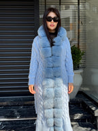 Sky Blue Handmade Women Luxury Knit Cardigan with Real Fox Fur Trim Coat –Handcrafted Long Knitwear Coat – Elegant Outerwear for Women