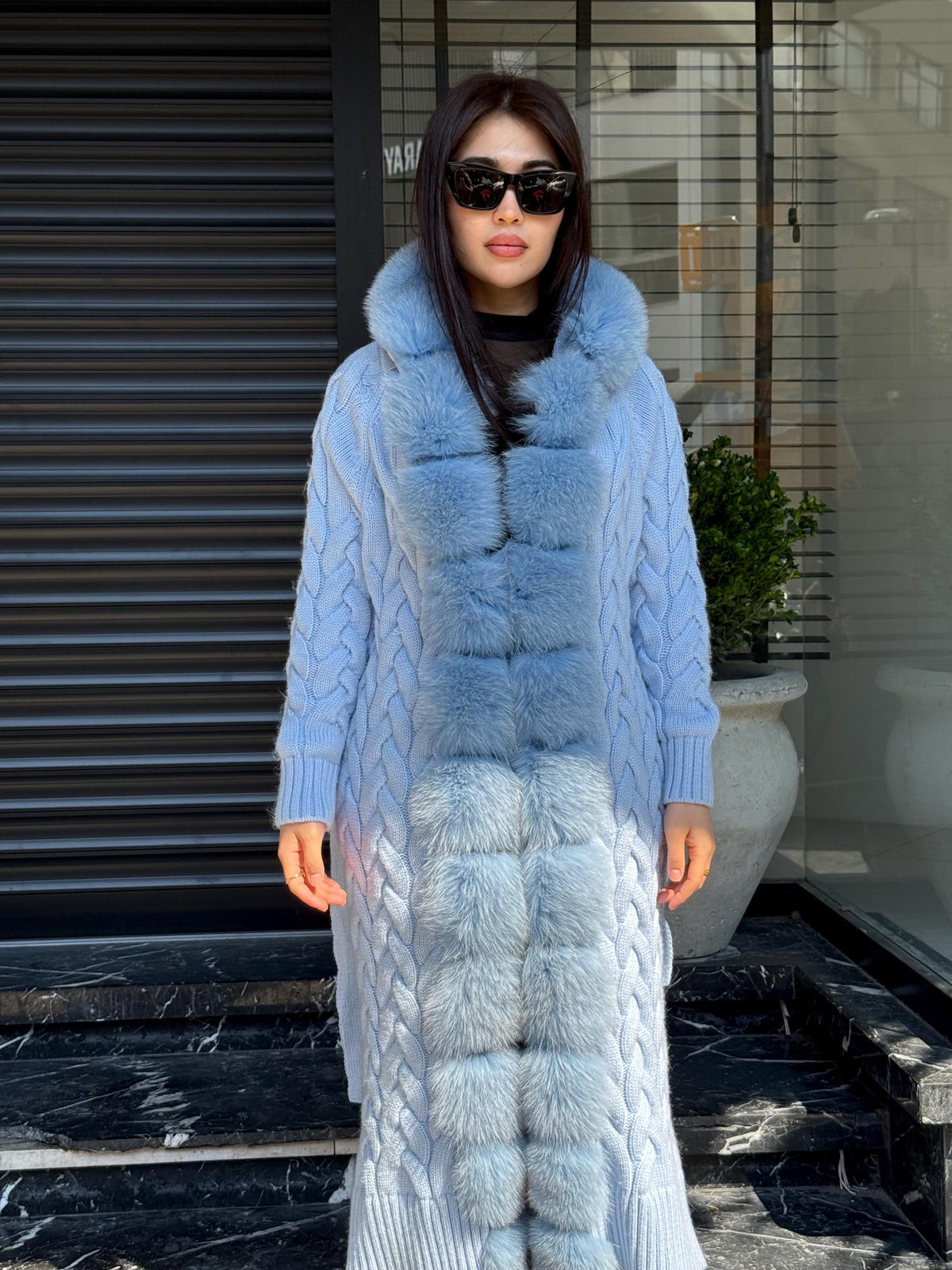 Sky Blue Handmade Women Luxury Knit Cardigan with Real Fox Fur Trim Coat –Handcrafted Long Knitwear Coat – Elegant Outerwear for Women