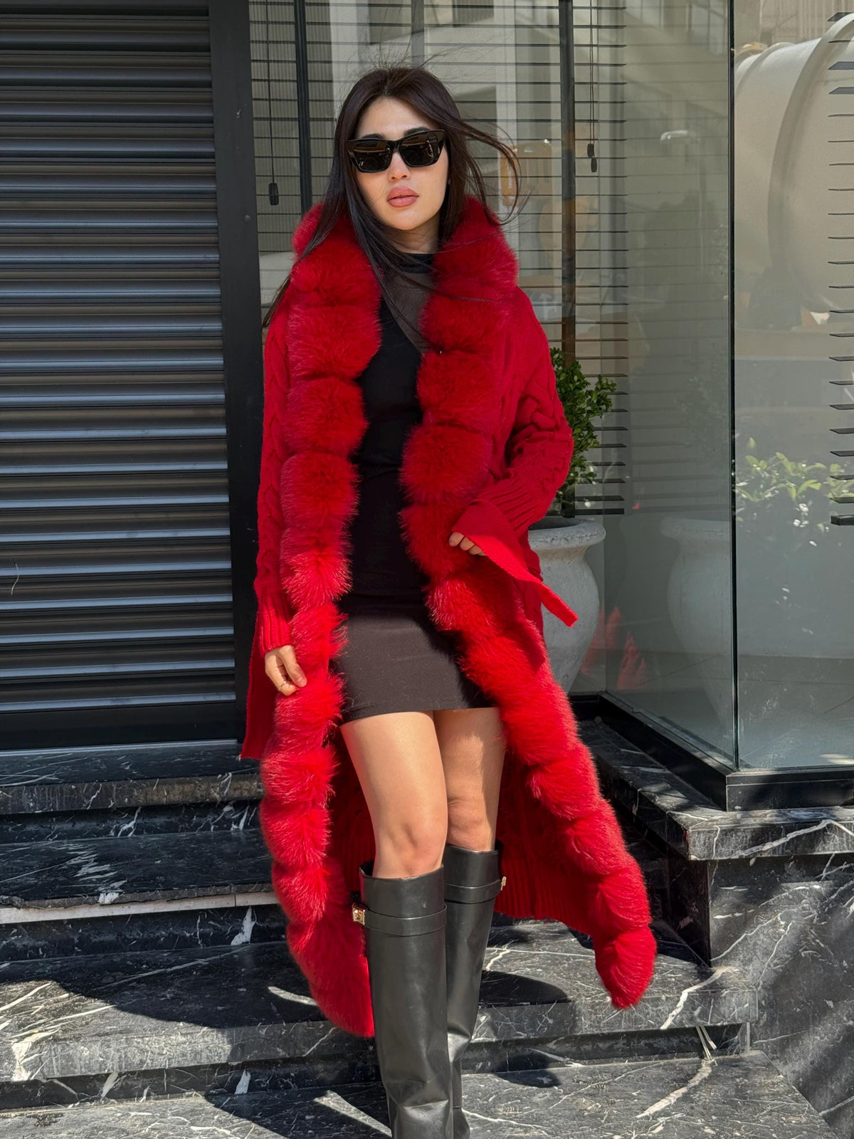 Red Handmade Women Luxury Knit Cardigan with Real Fox Fur Trim Coat –Handcrafted Long Knitwear Coat – Elegant Cable Knit Outerwear for Women