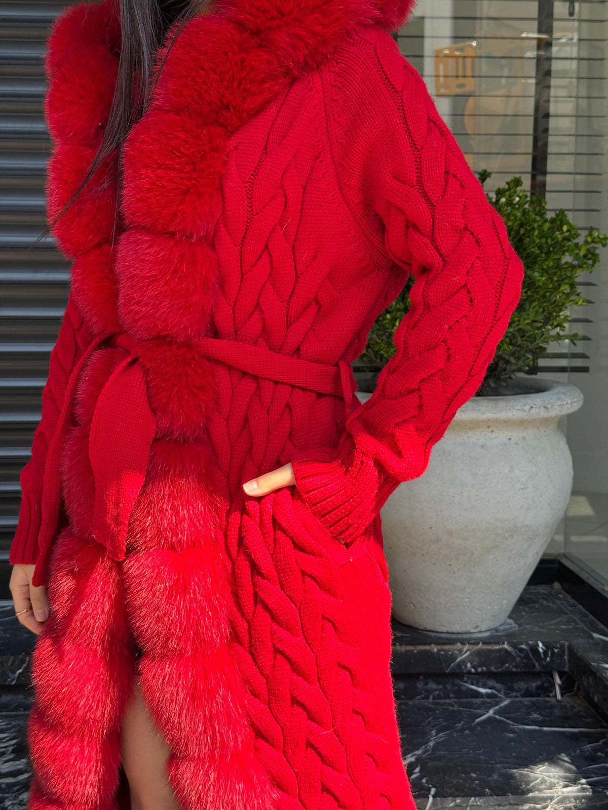 Red Handmade Women Luxury Knit Cardigan with Real Fox Fur Trim Coat –Handcrafted Long Knitwear Coat – Elegant Cable Knit Outerwear for Women