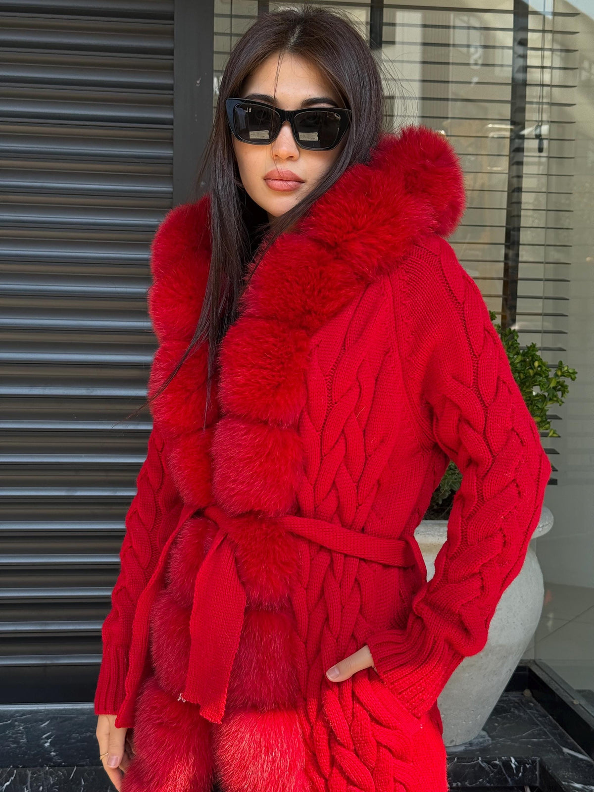 Red Handmade Women Luxury Knit Cardigan with Real Fox Fur Trim Coat –Handcrafted Long Knitwear Coat – Elegant Cable Knit Outerwear for Women