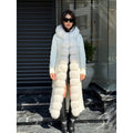White Handmade Women Luxury Knit Cardigan with Real Fox Fur Trim Coat –Handcrafted Long Knitwear Coat – Elegant Cable Outerwear for Women
