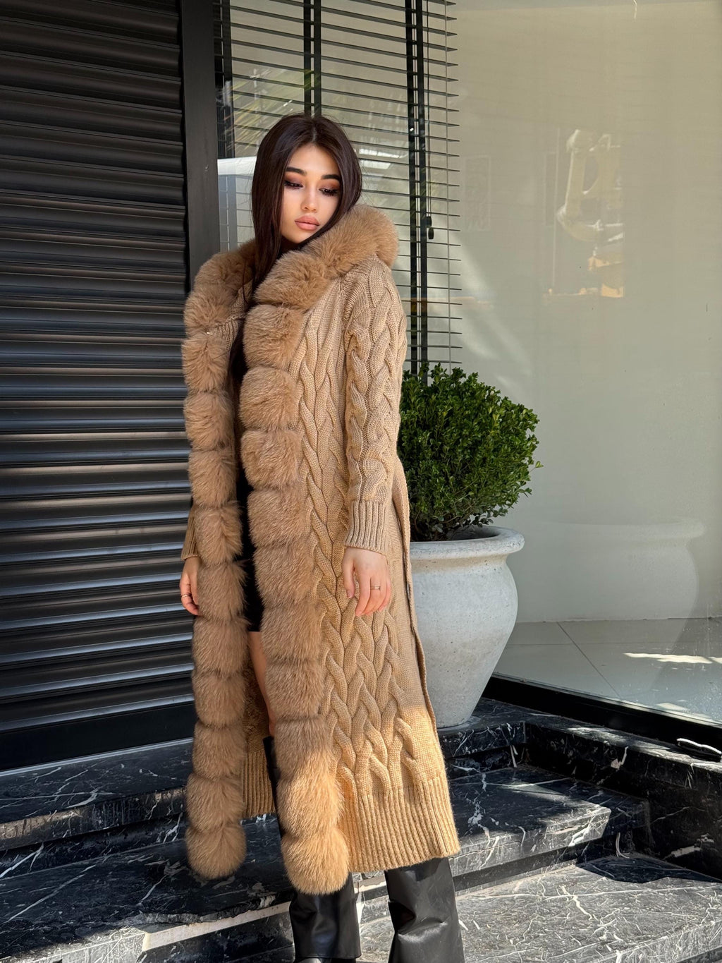 Camel Handmade Women Luxury Knit Cardigan with Fox Fur Coat –Handcrafted Long Knitwear Coat – Elegant Cable Knit Outerwear for Women