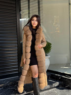 Camel Handmade Women Luxury Knit Cardigan with Fox Fur Coat –Handcrafted Long Knitwear Coat – Elegant Cable Knit Outerwear for Women