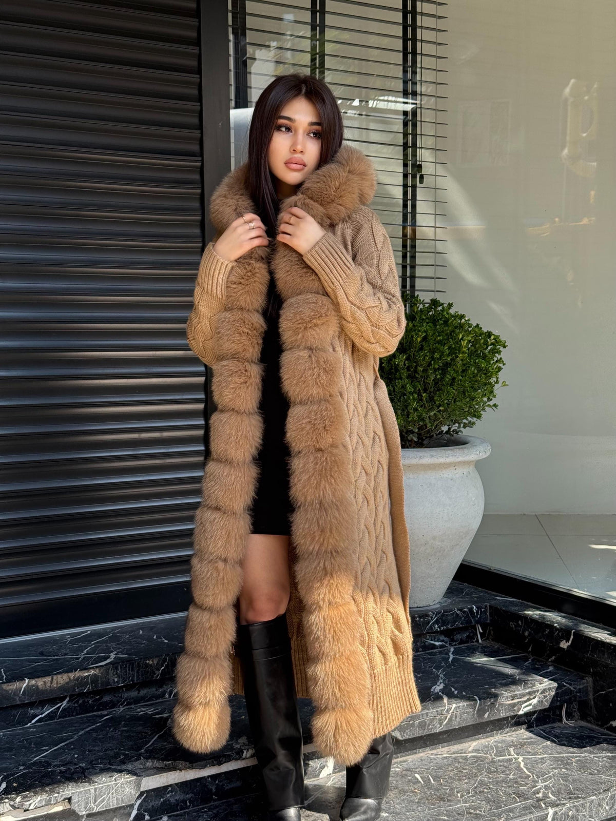 Camel Handmade Women Luxury Knit Cardigan with Fox Fur Coat –Handcrafted Long Knitwear Coat – Elegant Cable Knit Outerwear for Women