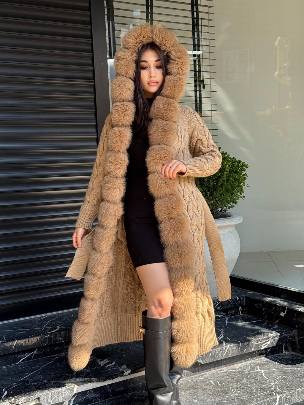 Camel Handmade Women Luxury Knit Cardigan with Fox Fur Coat –Handcrafted Long Knitwear Coat – Elegant Cable Knit Outerwear for Women