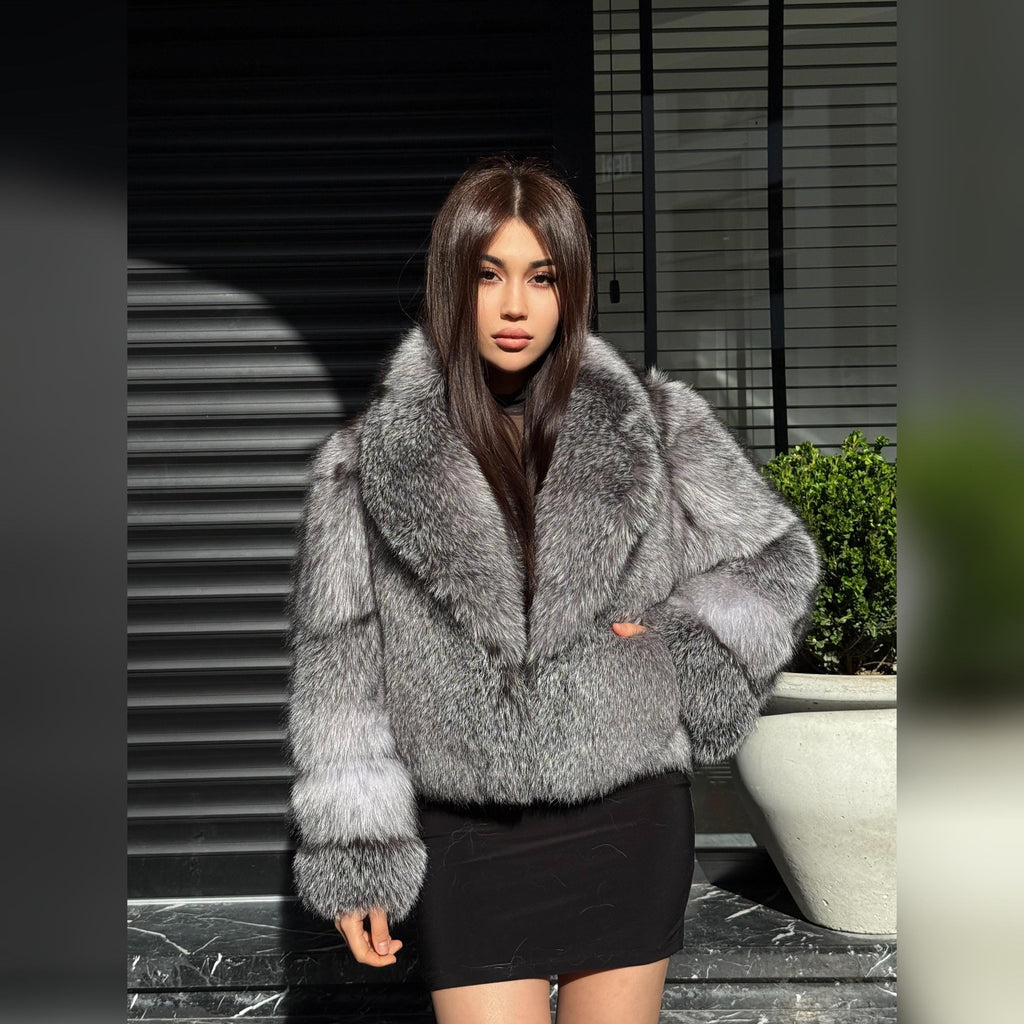 Silver Fox Fur Jacket. Women Fox Fur Jacket. Frost Fox Fur Coat. Short Fox Fur Jacket. Full Skin Fox Fur Coat