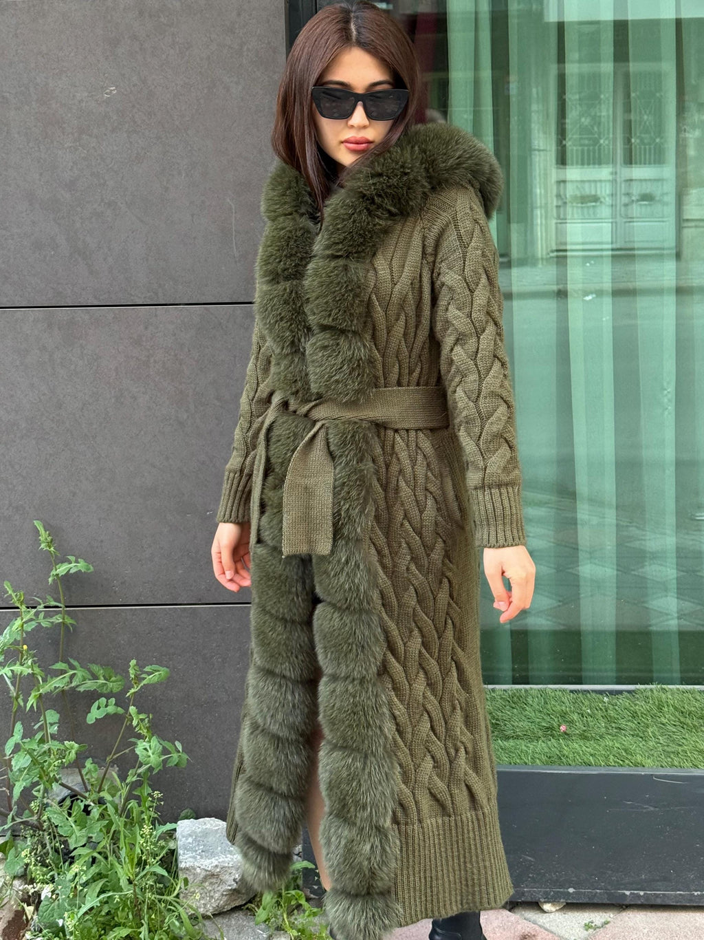 Khaki Handmade Women Luxury Knit Cardigan with Real Fox Fur Trim Coat –Handcrafted Long Knitwear Coat – Elegant Knit Outerwear for Women