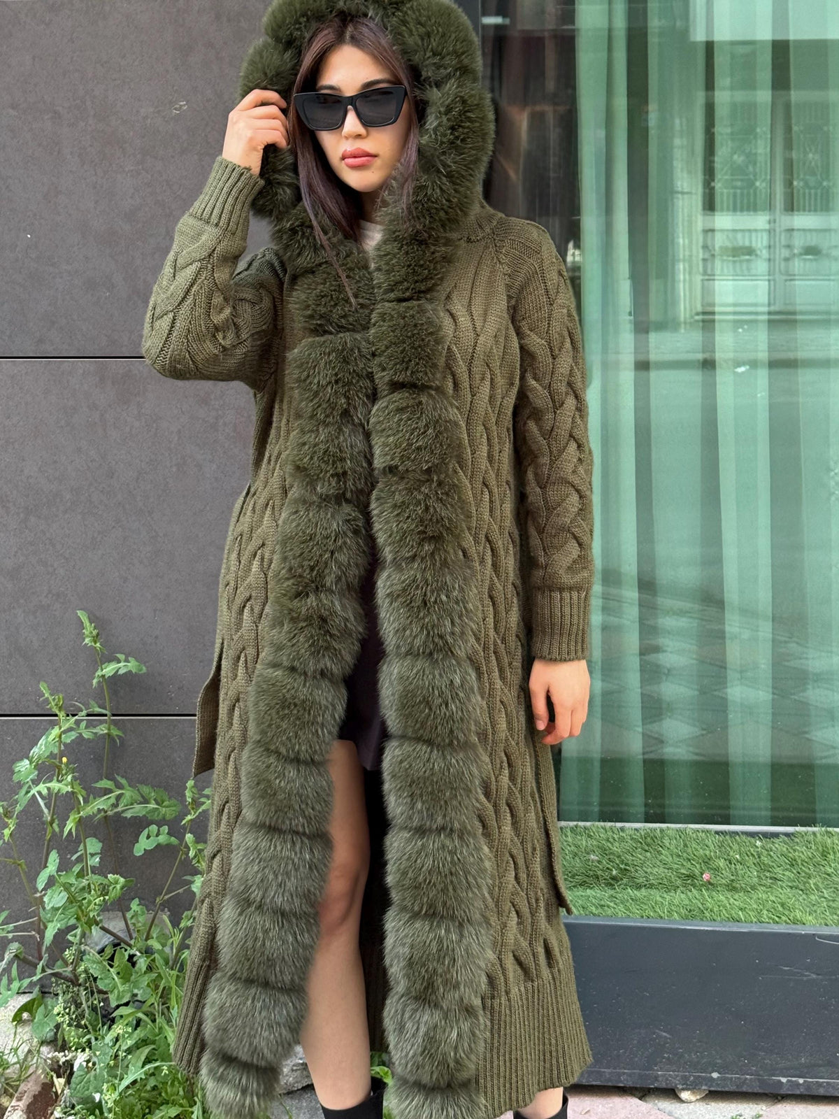Khaki Handmade Women Luxury Knit Cardigan with Real Fox Fur Trim Coat –Handcrafted Long Knitwear Coat – Elegant Knit Outerwear for Women