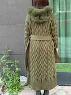 Khaki Handmade Women Luxury Knit Cardigan with Real Fox Fur Trim Coat –Handcrafted Long Knitwear Coat – Elegant Knit Outerwear for Women