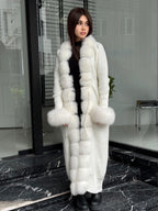 White Handmade Women Luxury Knit Cardigan with Real Fox Fur Trim Coat –Handcrafted Long Knitwear Coat – Elegant Cable Outerwear for Women