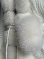 White Handmade Women Luxury Knit Cardigan with Real Fox Fur Trim Coat –Handcrafted Long Knitwear Coat – Elegant Cable Outerwear for Women