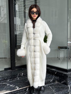 White Handmade Women Luxury Knit Cardigan with Real Fox Fur Trim Coat –Handcrafted Long Knitwear Coat – Elegant Cable Outerwear for Women