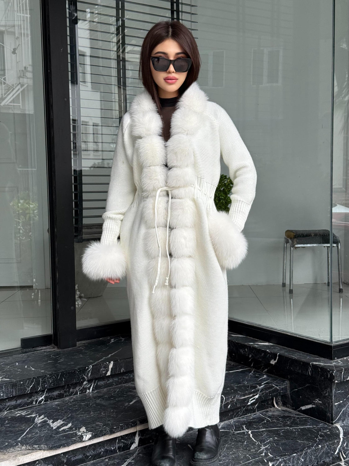 White Handmade Women Luxury Knit Cardigan with Real Fox Fur Trim Coat –Handcrafted Long Knitwear Coat – Elegant Cable Outerwear for Women