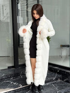 White Handmade Women Luxury Knit Cardigan with Real Fox Fur Trim Coat –Handcrafted Long Knitwear Coat – Elegant Cable Outerwear for Women