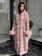 Pink Handmade Women Luxury Knit Cardigan with Real Fox Fur Coat –Handcrafted Long Knitwear Coat – Elegant Cable Knit Outerwear for Women