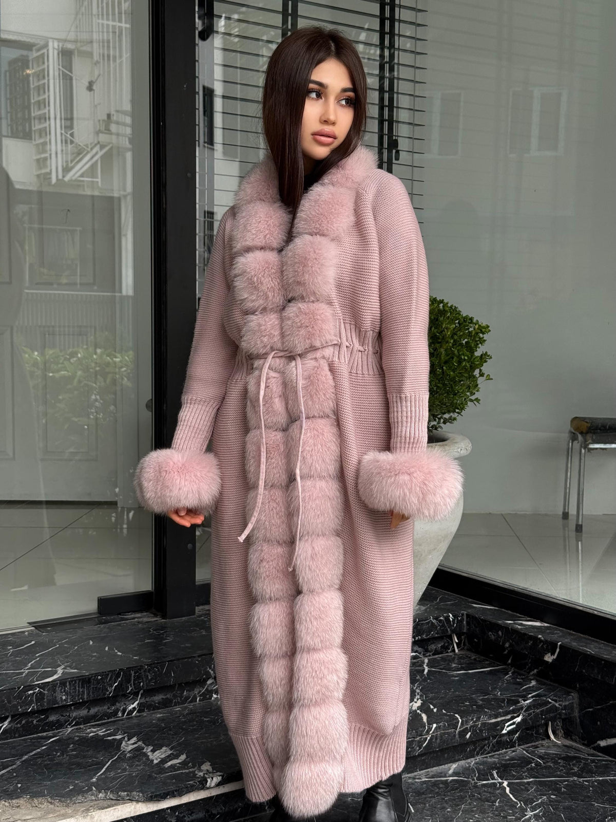 Pink Handmade Women Luxury Knit Cardigan with Real Fox Fur Coat –Handcrafted Long Knitwear Coat – Elegant Cable Knit Outerwear for Women
