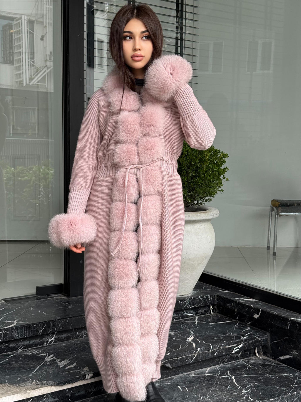 Pink Handmade Women Luxury Knit Cardigan with Real Fox Fur Coat –Handcrafted Long Knitwear Coat – Elegant Cable Knit Outerwear for Women